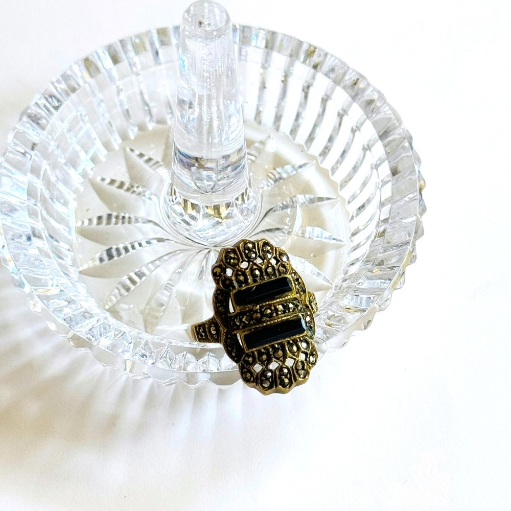 VTG Victorian Goth Marcasite onyx Cocktail Ring rare art deco statement Sz‎ 8.5